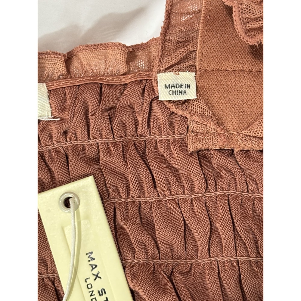 Max Studio London Tiered Midi Dress Ruffle Strap Ruched Bust Brown Women's L NWT - Picture 8 of 12